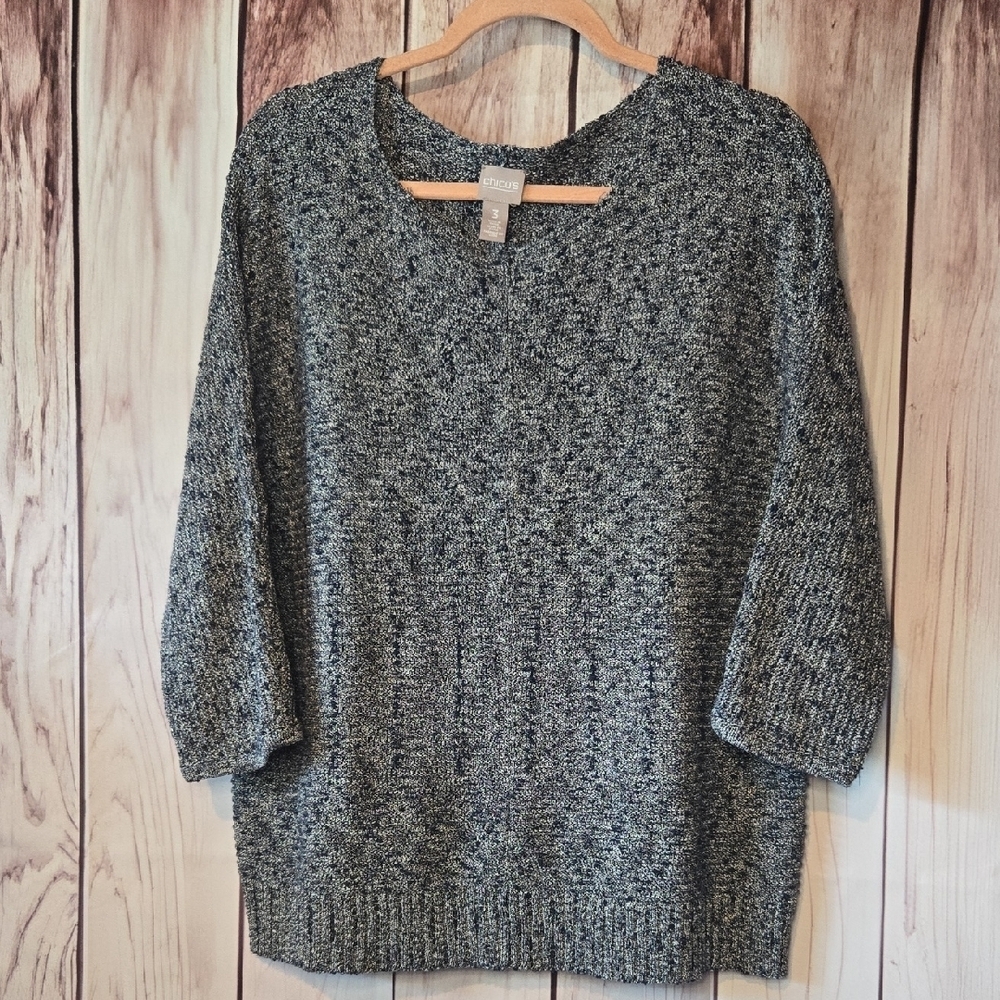 Chico's Navy And White Crew Neck Sweater Metallic Gold Thread Size 3 Or XL